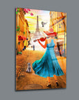 Colorful artwork of a woman in a blue dress playing violin in a Parisian street with the Eiffel Tower.