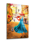 Vibrant cam tablo featuring a woman in a blue dress playing violin in Paris streets with Eiffel Tower backdrop.