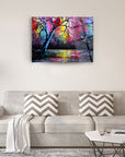 Vibrant Rengarenk Sazlık Cam Tablo depicting colorful trees and water, enhancing modern living room decor.