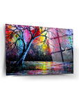 Vibrant Rengarenk Sazlık Cam Tablo featuring a colorful tree by a serene water surface, perfect for home decor.
