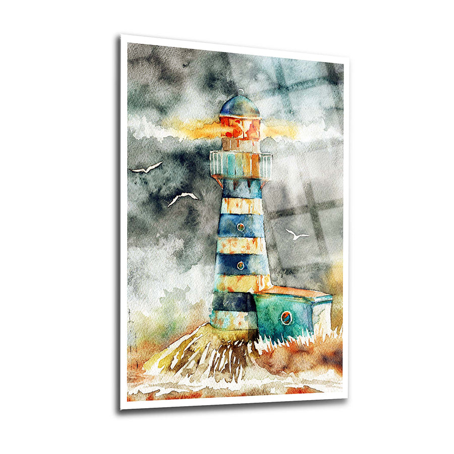Colorful watercolor painting of a lighthouse with birds, showcasing coastal beauty in decorative art.