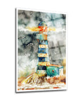 Colorful watercolor painting of a lighthouse with birds, showcasing coastal beauty in decorative art.
