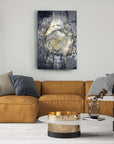 Stylish living room with Rolex Cam Tablo art piece above a modern sofa and coffee table.