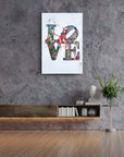 Colorful 'LOVE' art print on a modern interior wall, enhancing contemporary decor.