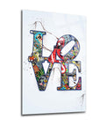 Colorful 'LOVE' art on high-quality tempered glass, perfect for home or office decor.