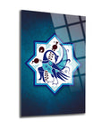 Selçuklu Motifi Cam Tablo with intricate design on a blue textured background, showcasing high-quality UV printing.