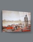Galata Tower artwork on high-quality glass, showcasing a beautiful cityscape with red rooftops.