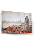 Galata Tower artwork on glass, showcasing a beautiful skyline with red rooftops and historic architecture.