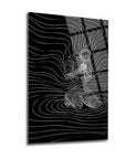 Modern abstract glass art depicting a figure in prayer, featuring flowing lines on a black background.