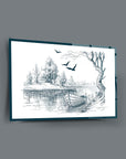 Deredeki Kayık Cam Tablo with a serene landscape, featuring a boat, trees, and birds in flight.
