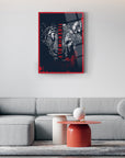 Framed artwork featuring a tiger and wolf design, adding a modern touch to a stylish living room decor.