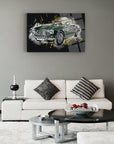 Artistic rendition of a classic Auston Healey car, displayed above a modern living room set.