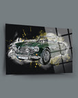 Artistic illustration of a 1959 Auston Healey car on a sleek black background.