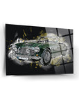 Artistic illustration of a 1959 Auston Healey car on a sleek glass panel with vibrant colors.