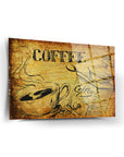 Vintage-style coffee art on a glass panel, featuring a steaming cup and coffee grinder.