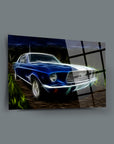 Mavi Mustang Cam Tablo - Yüksek kaliteli UV baskı ile özel tasarım, dayanıklı temper cam üzerinde canlı renkler.