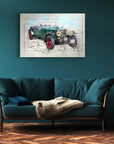 Vintage car wall art in a modern living room with teal sofa and rustic flooring.
