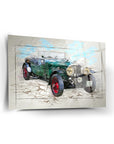 Artistic illustration of a vintage Buick car with a green body and red wheels on textured background.