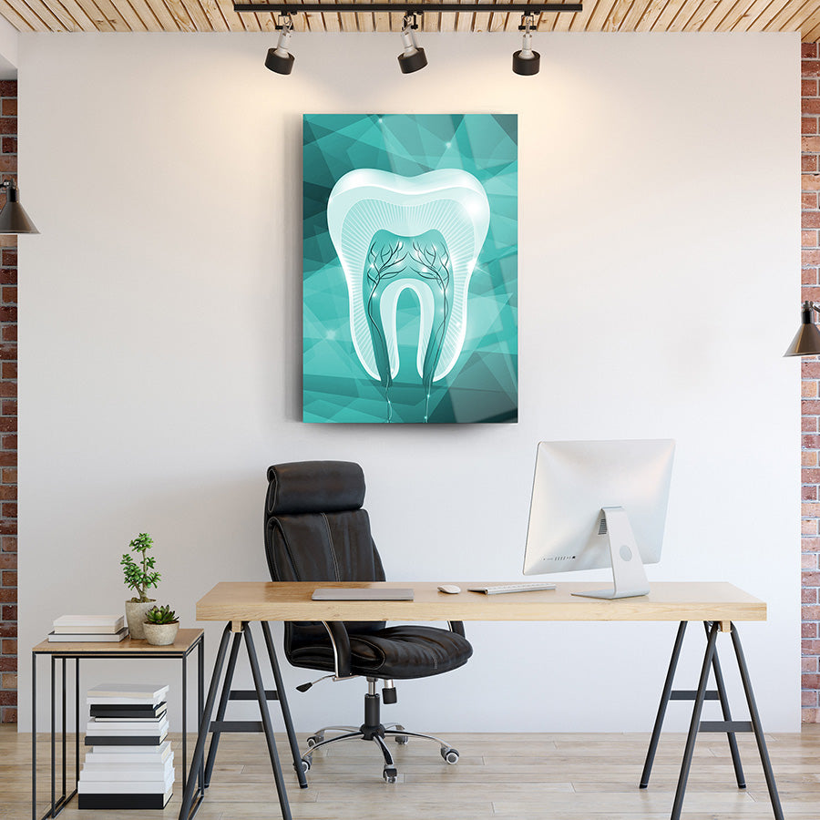 Yeşil Diş Cam Tablo; modern tasarım ofis dekorasyonu için şık ve dayanıklı tablo.