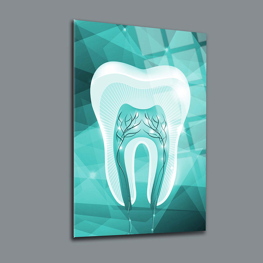 Yeşil Diş Cam Tablo - Modern tasarım, cam yüzeyde UV baskı, 4 mm kalınlığında, şık dekoratif ürün.