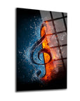 A stunning glass art piece featuring a treble clef surrounded by water and fire elements.