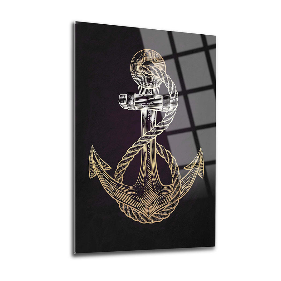 Çapa temalı cam tablo, yüksek kaliteli UV baskı ile tasarlanmış, şık ve dayanıklı iç mekan dekorasyonu.