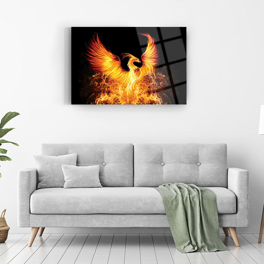 Alevli Anka Cam Tablo, renkli alev motifli tasarım, modern oturma odası dekorasyonuna uygun.