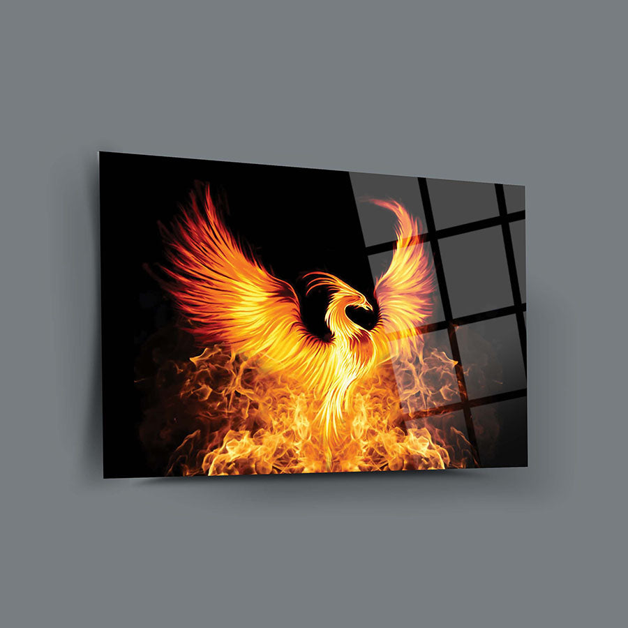 Alevli Anka Cam Tablo, 4mm kalınlığında temper camdan, ateş içinde yücelen ateş kuşu tasarımı.