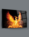 Alevli Anka Cam Tablo, 4mm kalınlığında temper camdan, ateş içinde yücelen ateş kuşu tasarımı.