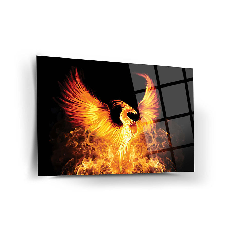 Alevli Anka Cam Tablo - zarif alevli kuş tasarımı, 4 mm kalınlığında tam temperlenmiş cam ile üretilmiştir.