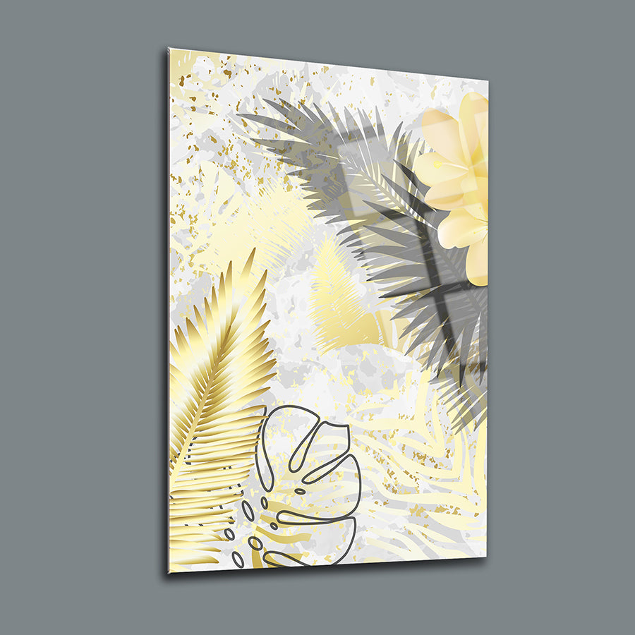 Stylish Areka Palmiye Cam Tablo with tropical leaves and floral design, ideal for modern home decor.