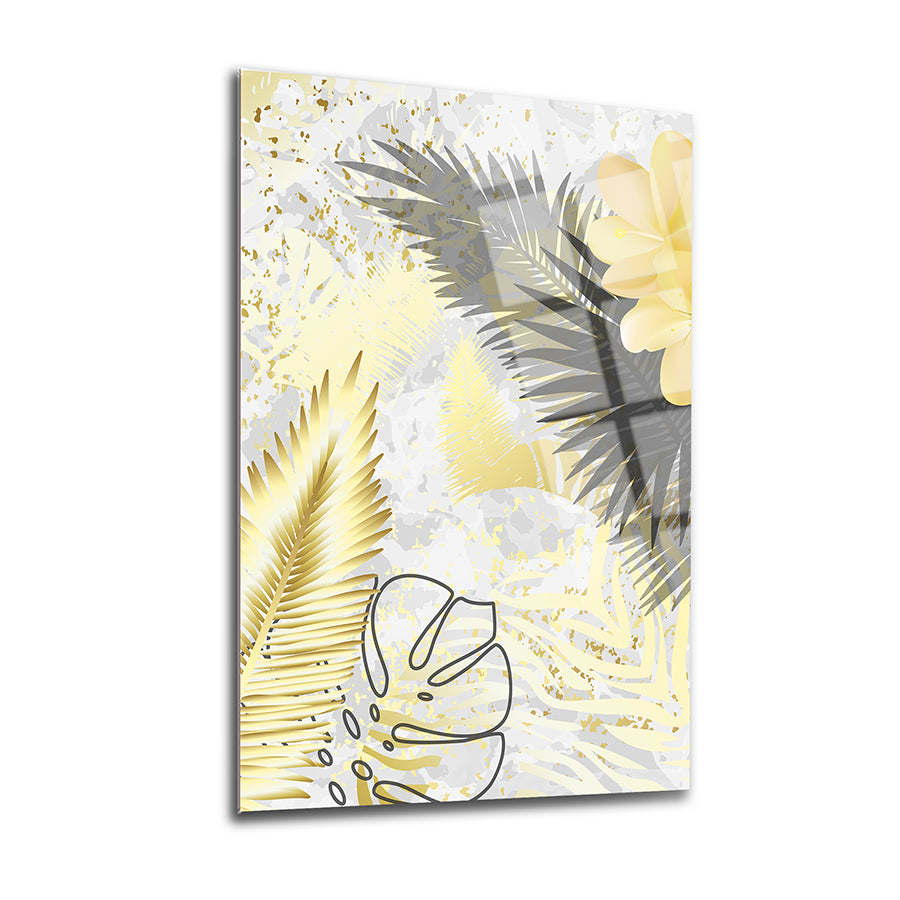 Elegant Areka Palmiye 3'lü Set Cam Tablo with tropical foliage design in soft gold and grey tones.