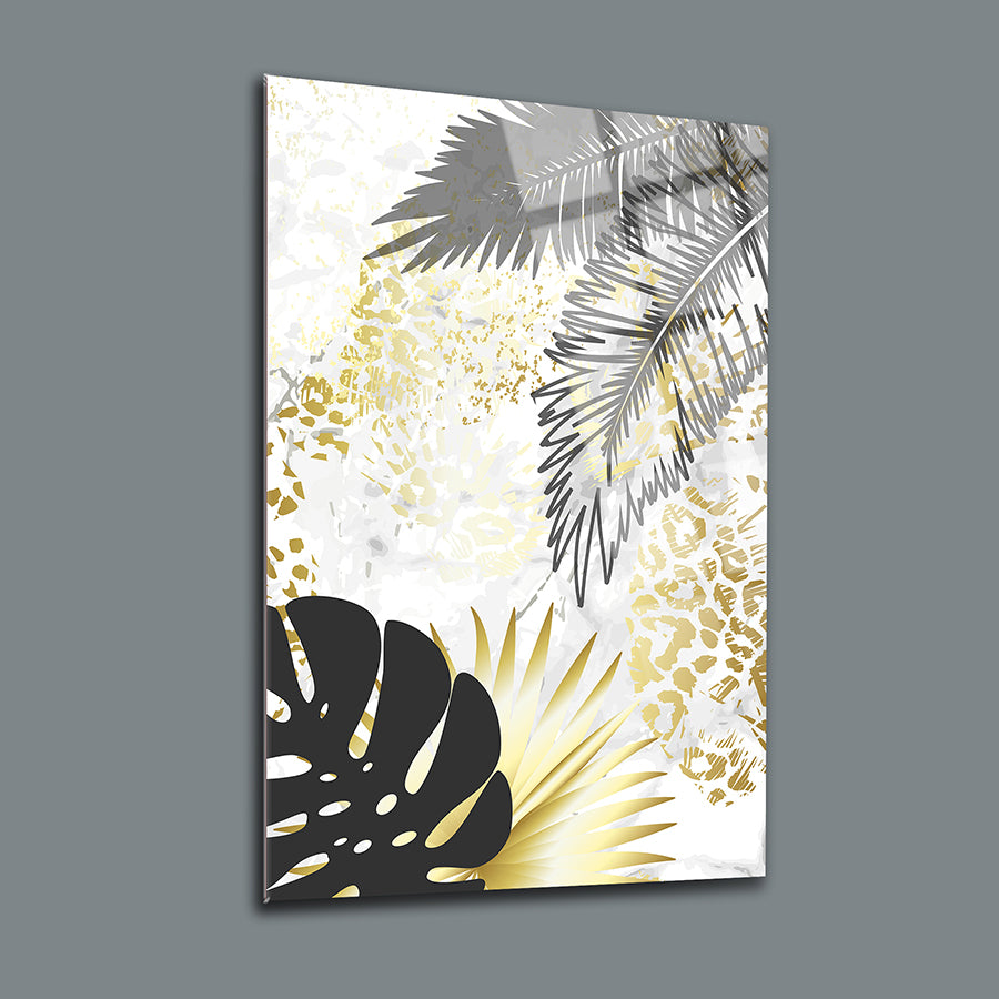 Areka Palmiye 3'lü Set Cam Tablo with elegant gold and black tropical leaf design on textured background.