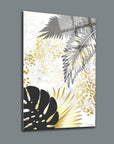 Areka Palmiye 3'lü Set Cam Tablo with elegant gold and black tropical leaf design on textured background.