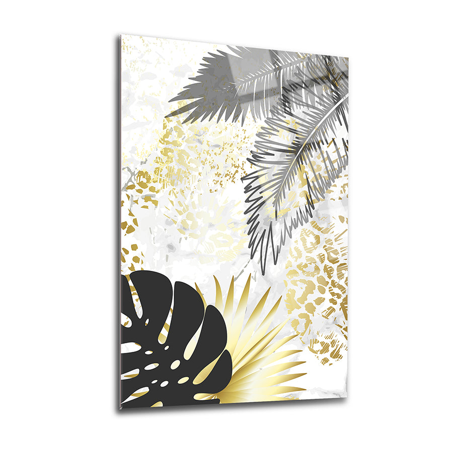Areka Palmiye 3'lü Set Cam Tablo, modern tasarım, tropikal yaprak desenleri, şık ve zarif dekoratif sanat.
