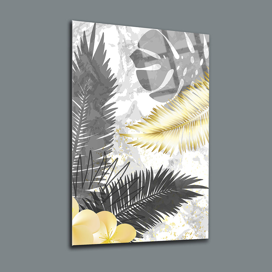 Areka Palmiye 3'lü set cam tablo, modern tasarım, sarı çiçekler ve yaprak desenleriyle şık dekor.