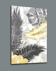 Areka Palmiye 3'lü set cam tablo, modern tasarım, sarı çiçekler ve yaprak desenleriyle şık dekor.