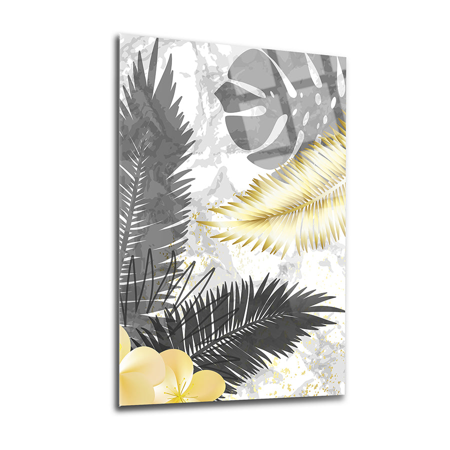 Areka Palmiye 3'lü Set Cam Tablo, şık bitki desenleriyle modern bir iç mekan dekorasyonu.