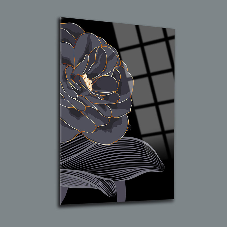 Bahçe Gülü 3'lü Set Cam Tablo - şık siyah çiçek tasarımı, UV baskı ile cam yüzeye işlenmiş, modern dekoratif sanat.