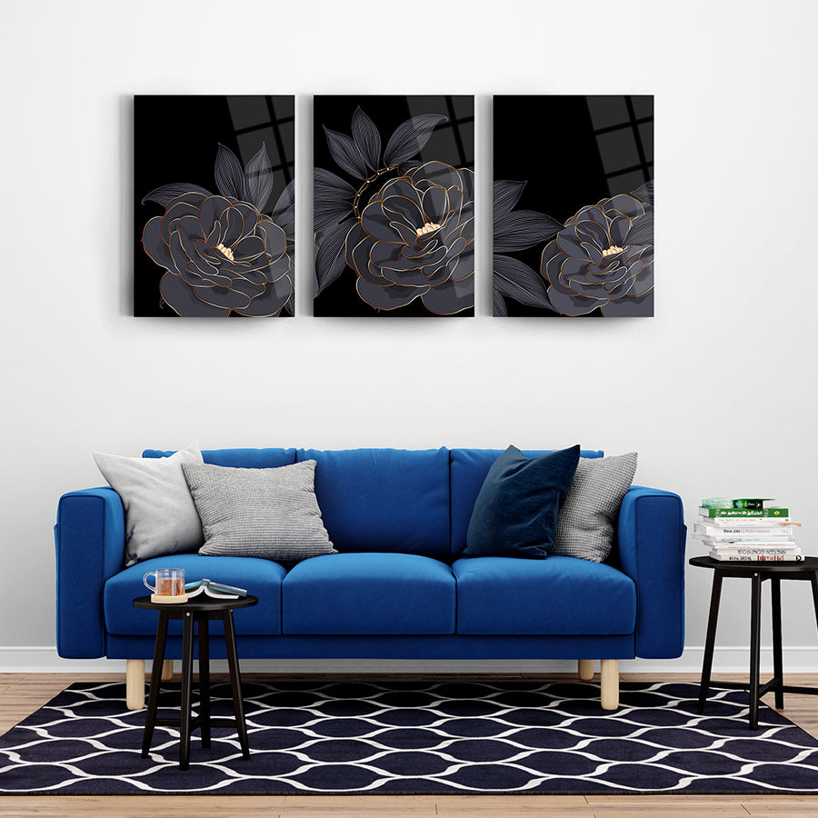 Gri Gül 3'lü Set Cam Tablo, modern dekorasyon için şık çiçek tasarımları, yüksek kaliteli temperlenmiş cam.