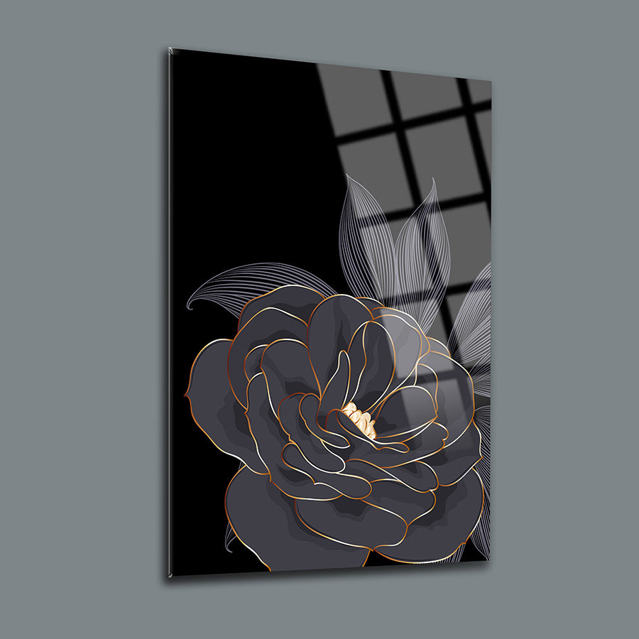 Gri Gül cam tablo, şık siyah arka planda zarif çiçek tasarımıyla iç mekan dekorasyonu için ideal.