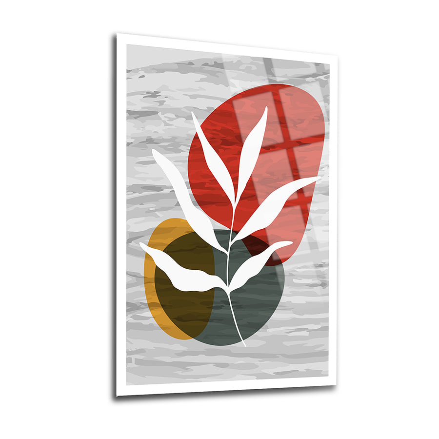 Modern cam tablo featuring abstract plant design with colorful shapes in red, green, and yellow.
