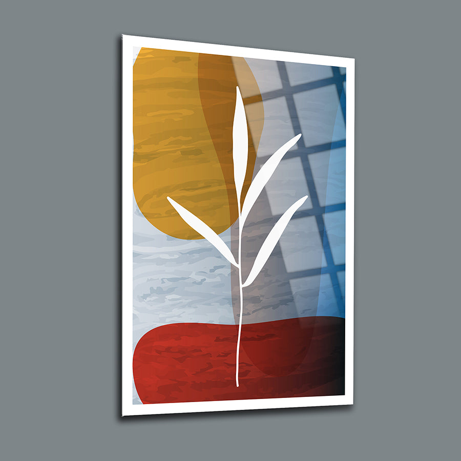Modern abstract glass wall art featuring colorful shapes and a plant design for stylish decor.