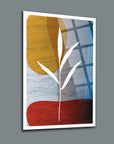 Modern abstract glass wall art featuring colorful shapes and a plant design for stylish decor.