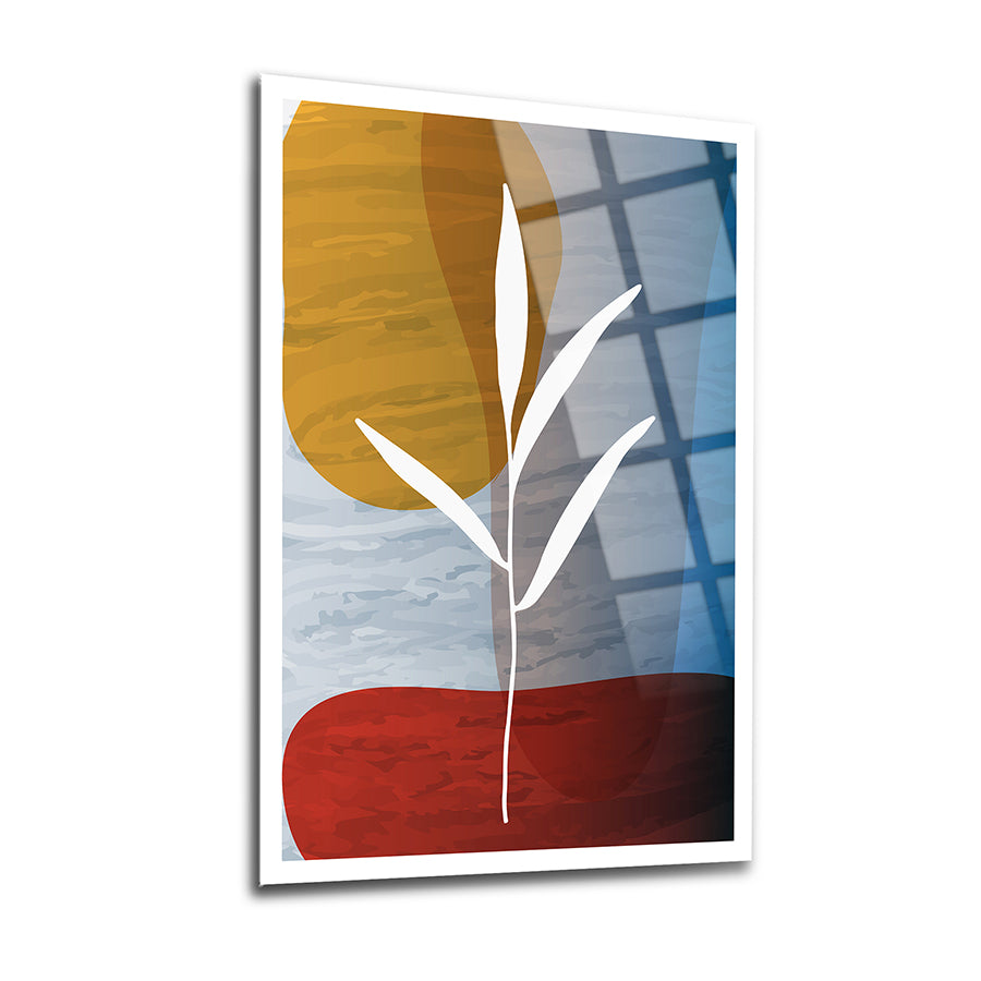 Abstract plant design on a colored background in a high-quality glass frame, perfect for modern home decor.