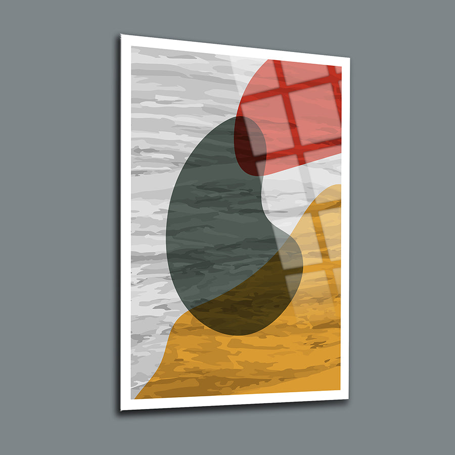 Abstract art print featuring geometric shapes in red, green, and yellow on a textured background.