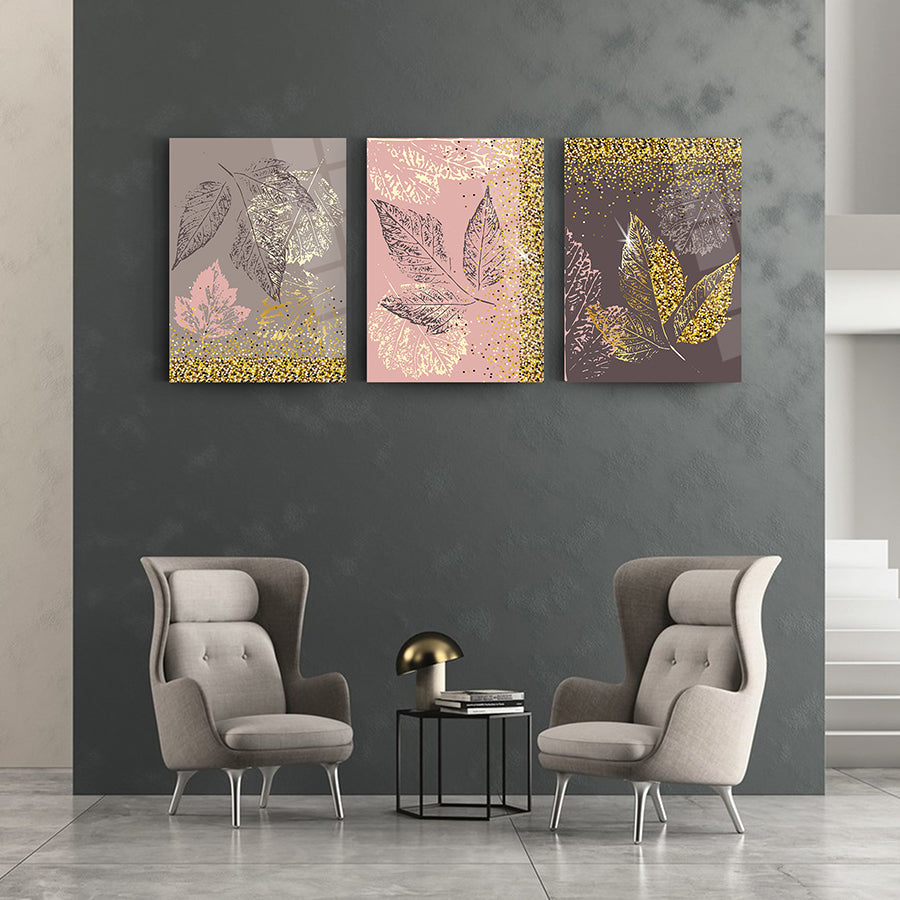 Polen Yaprak 3'lü Set Cam Tablo, şık tasarımlı duvar dekoru, modern oturma alanı için ideal.
