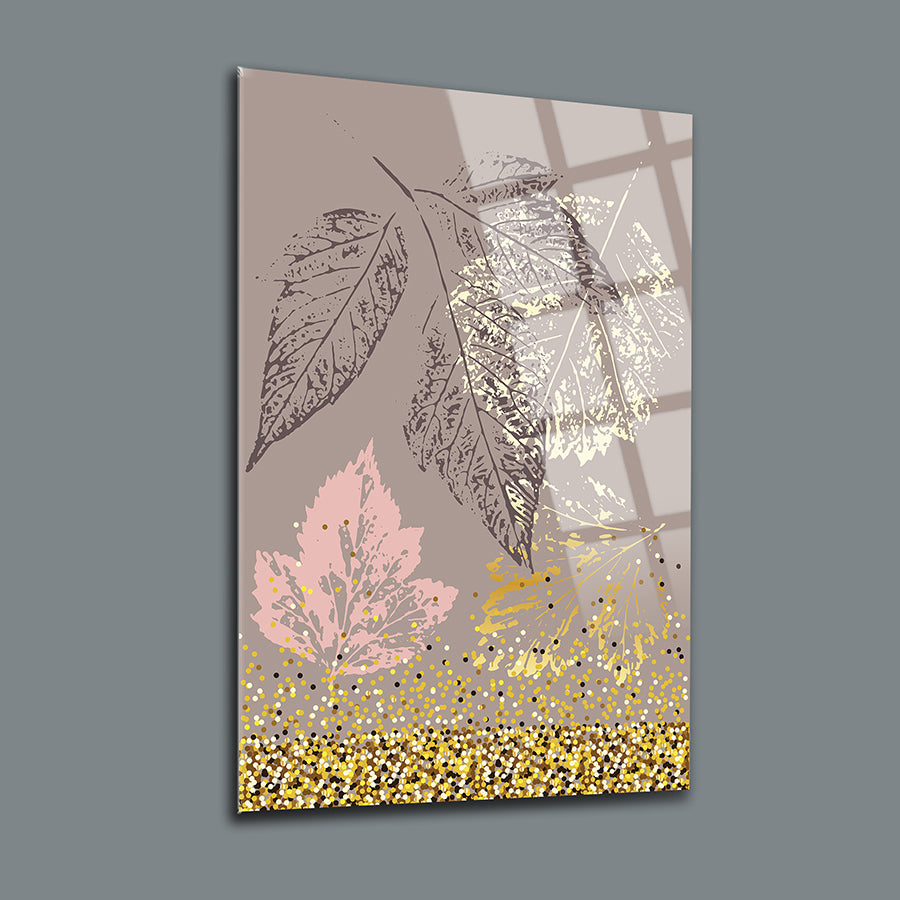 Polen Yaprak 3'lü Set Cam Tablo, yaprak desenli, zarif tasarım, UV baskı ile yüksek kaliteli cam üzeri.