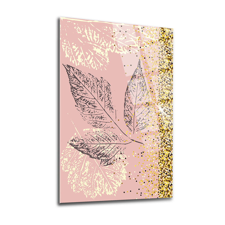 Polen Yaprak 3'lü Set Cam Tablo, şık yaprak tasarımı ve altın detaylarla, 4 mm kalınlığında yüksek kaliteli cam.