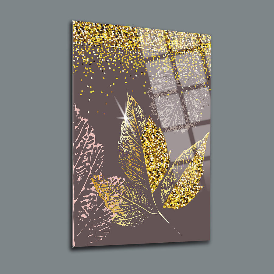 Polen Yaprak 3'lü Set Cam Tablo, altın yaprak ve parıltılı tasarım, kaliteli UV baskı, modern duvar dekorasyonu.
